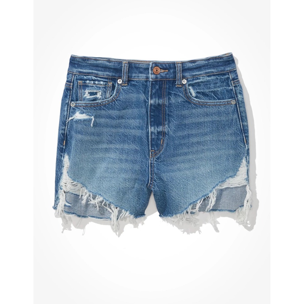 American Eagle Women's Highest Rise Mom Shorts Distressed Denim Frayed Size 18